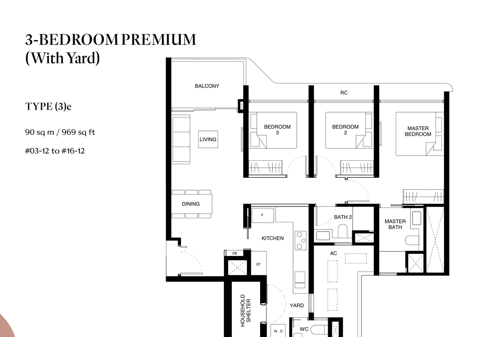 Floor plan of the 3-bedroom premium with yard, type 3e, 969 square feet