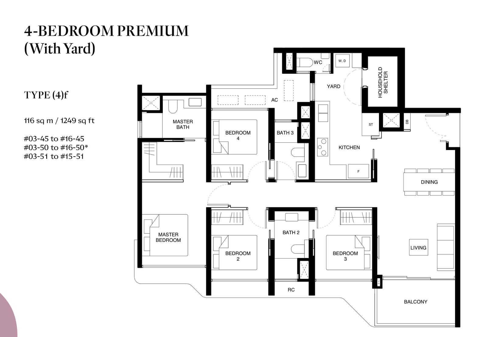 Floor plan of the 4-bedroom premium with yard, type 4f, 1,249 square feet