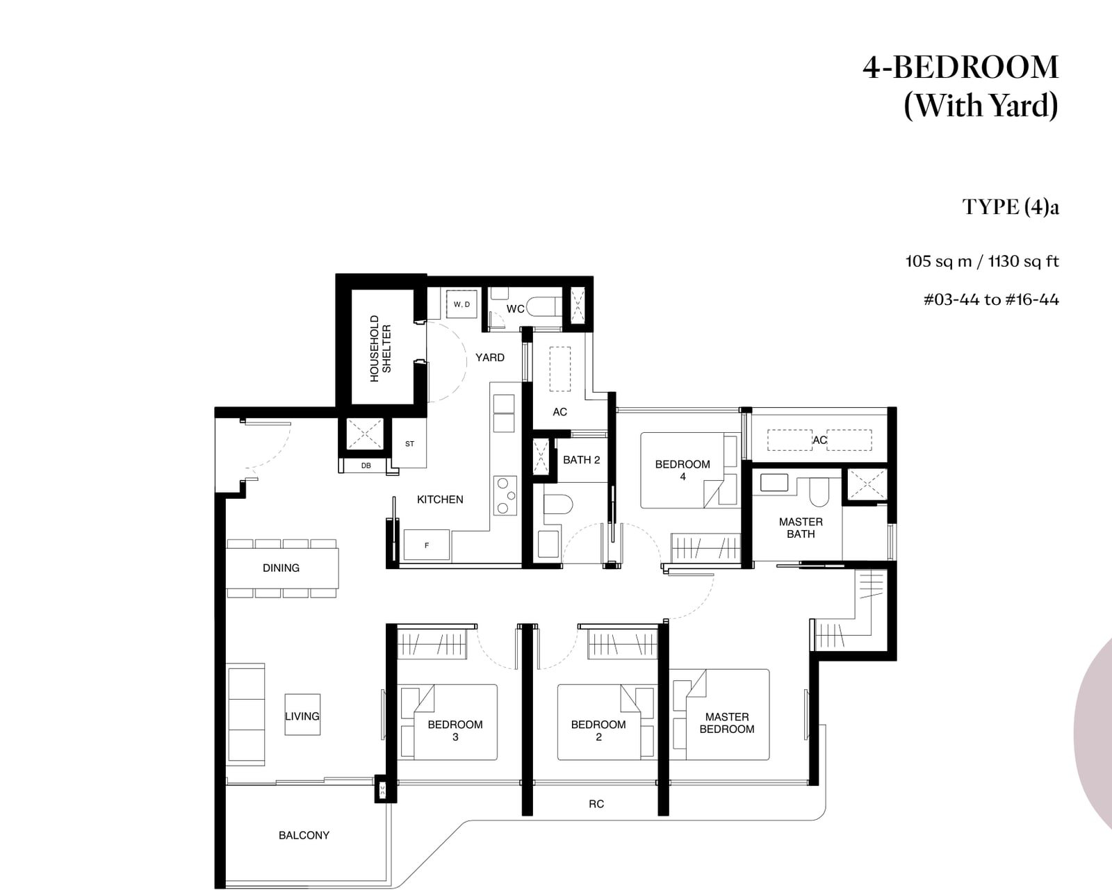 Floor plan of the 4-bedroom with yard, type 4a, 1,130 square feet