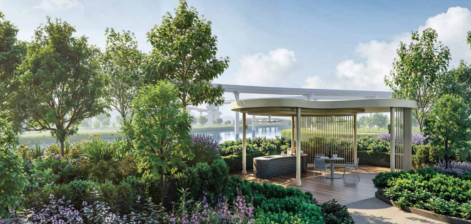 Artist's impression of the Waterside Gourmet Pavilion among planting with a pond behind