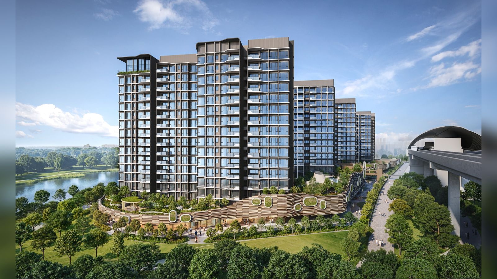 Artist's impression of the whole development: nine 16-storey blocks stepping along Tengah Pond above a landscaped podium, with the Jurong Region Line viaduct on the right
