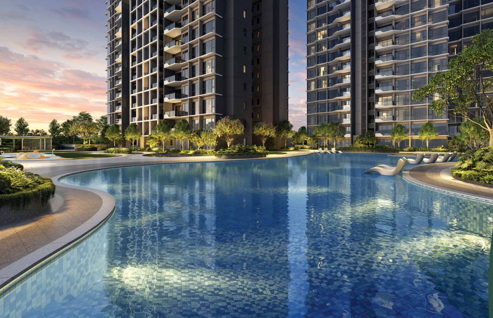 Artist's impression of the lap pool at dusk below two residential blocks
