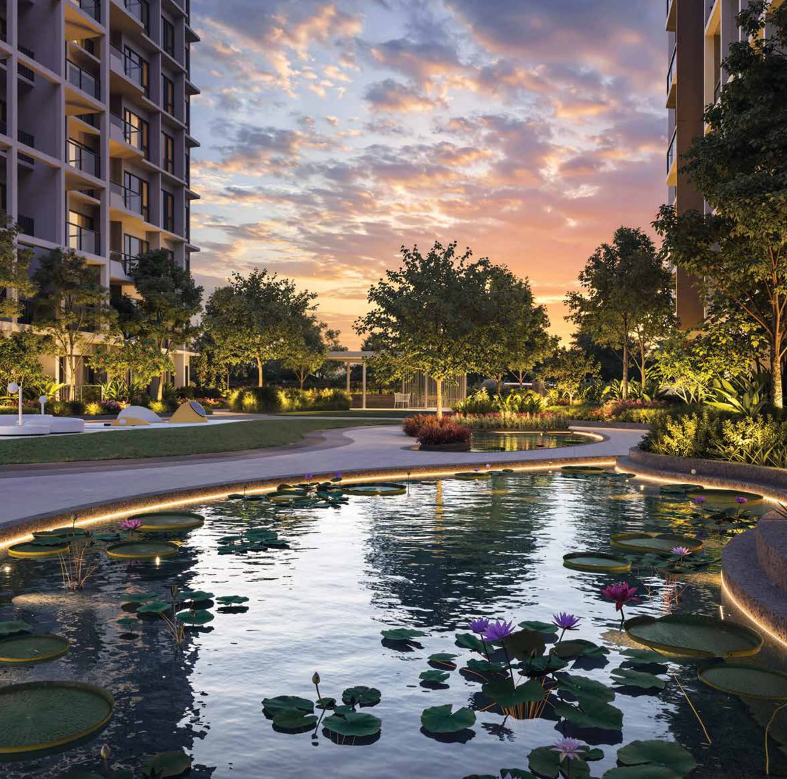 Artist's impression of the Water Lily Brook pond lit at sunset between two blocks
