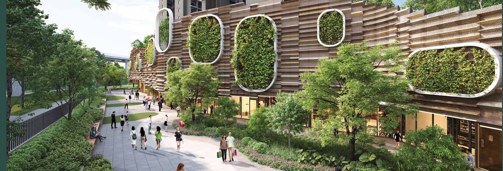 Artist's impression of the community plaza with a sheltered walkway below a facade with green wall panels