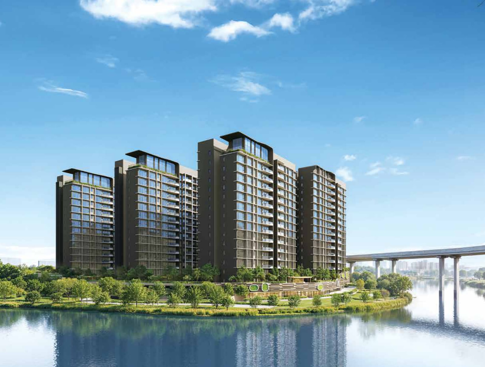 Artist's impression of four residential blocks beside Tengah Pond with the Jurong Region Line viaduct on the right