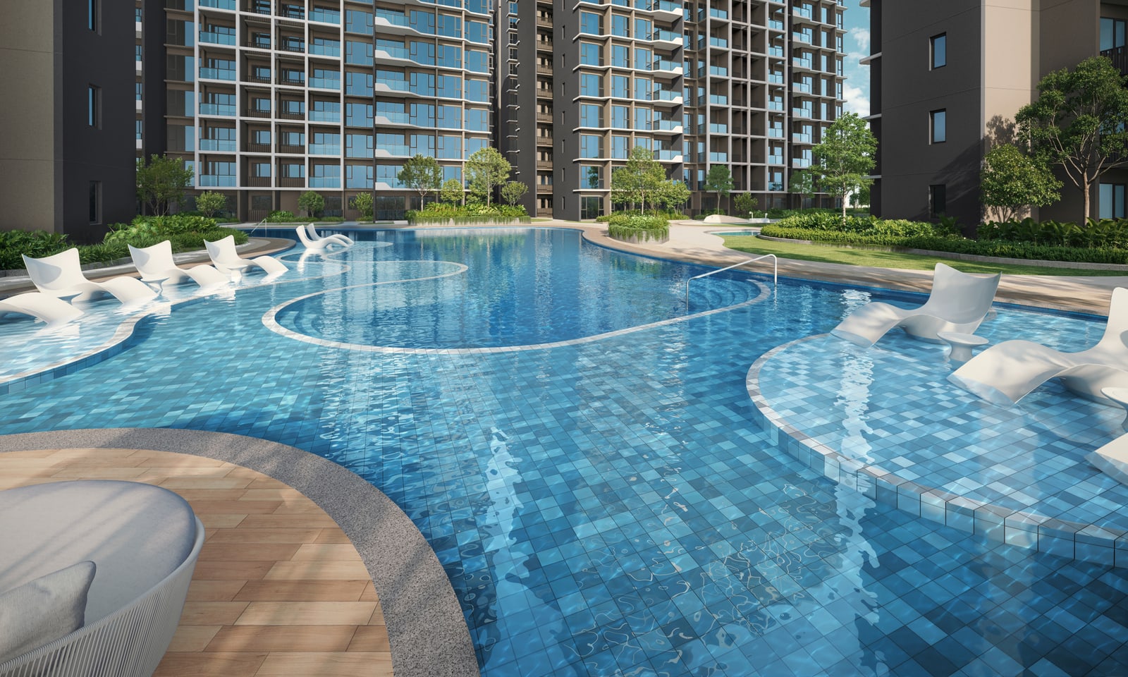 Artist's impression of the swimming pool zone with sunbeds set in the water, below the residential blocks