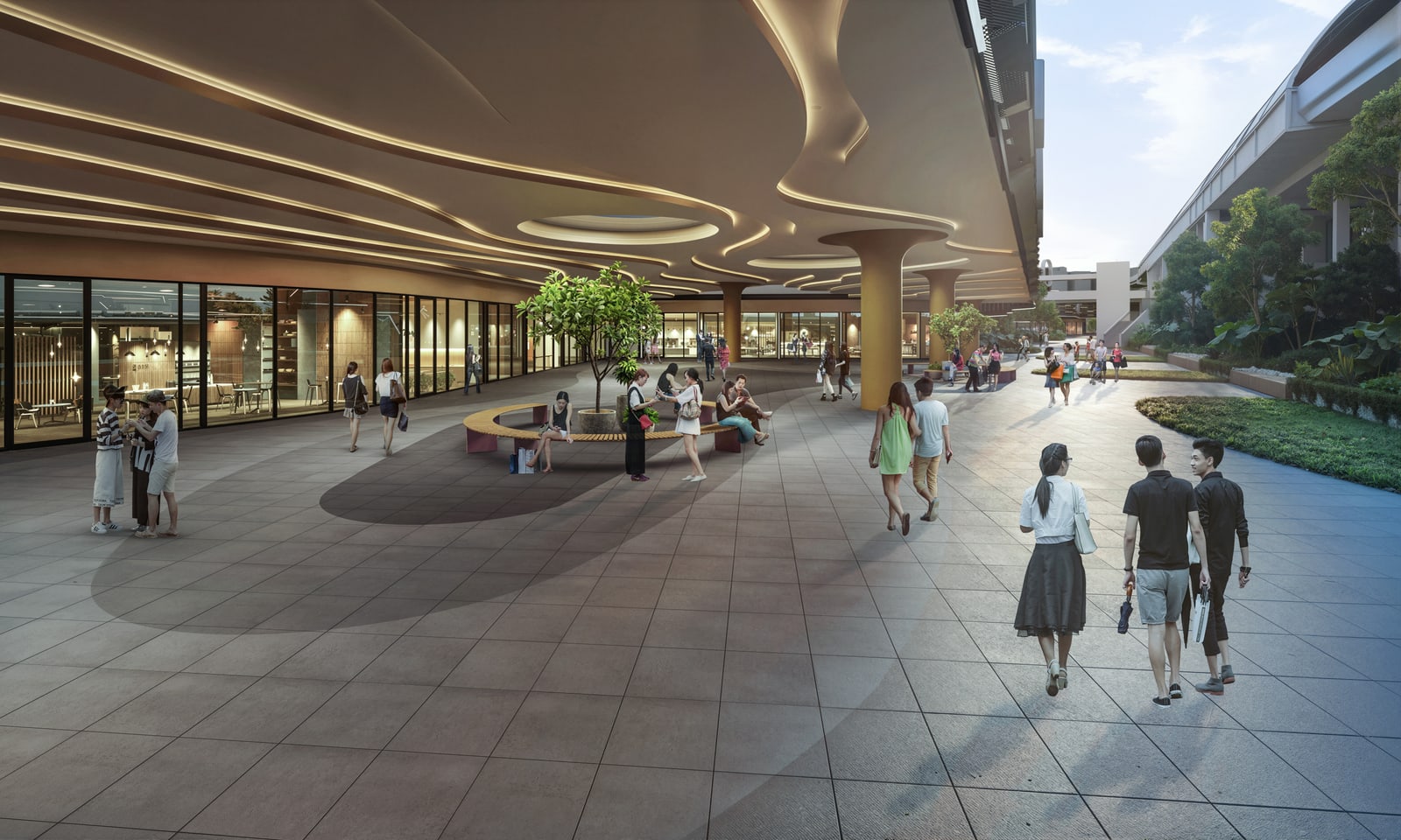 Artist's impression of the first-floor retail plaza with shopfronts and a curved timber ceiling