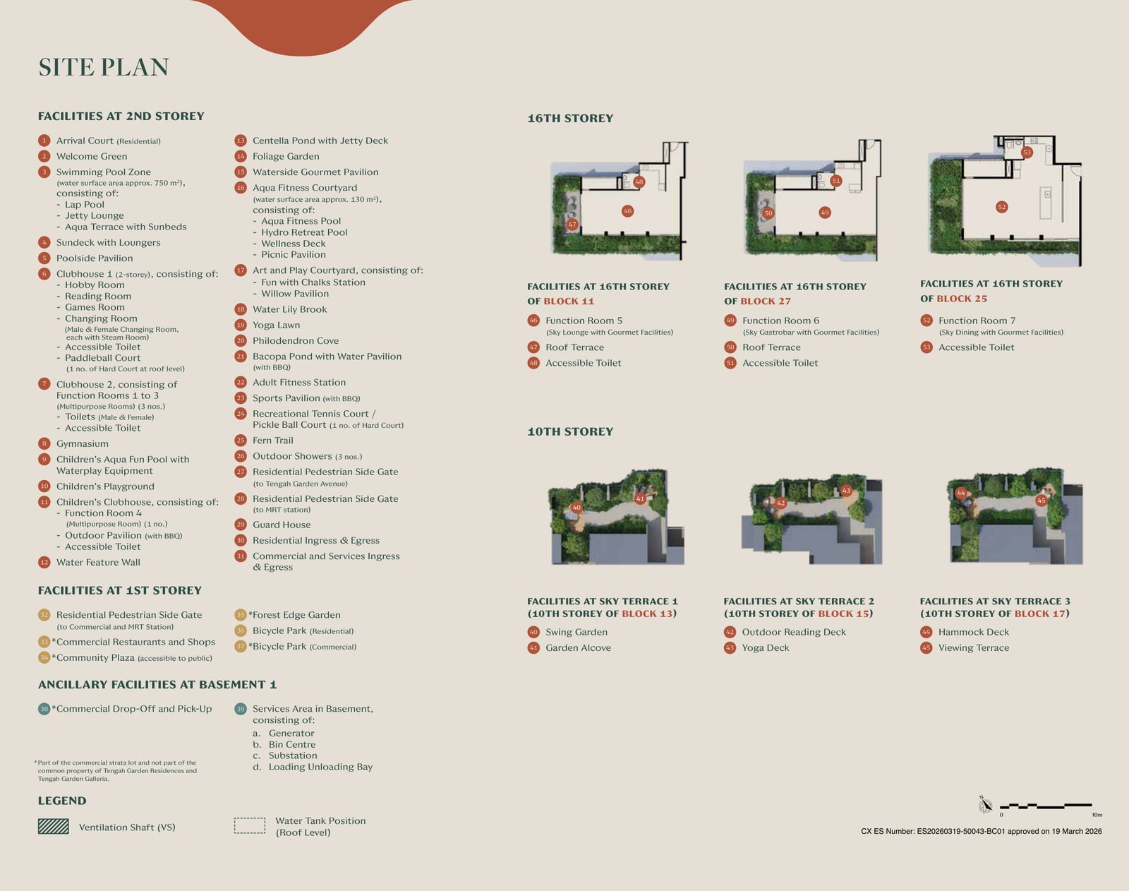 Facilities list for the site plan with plans of the level 16 function rooms and the level 10 sky terraces