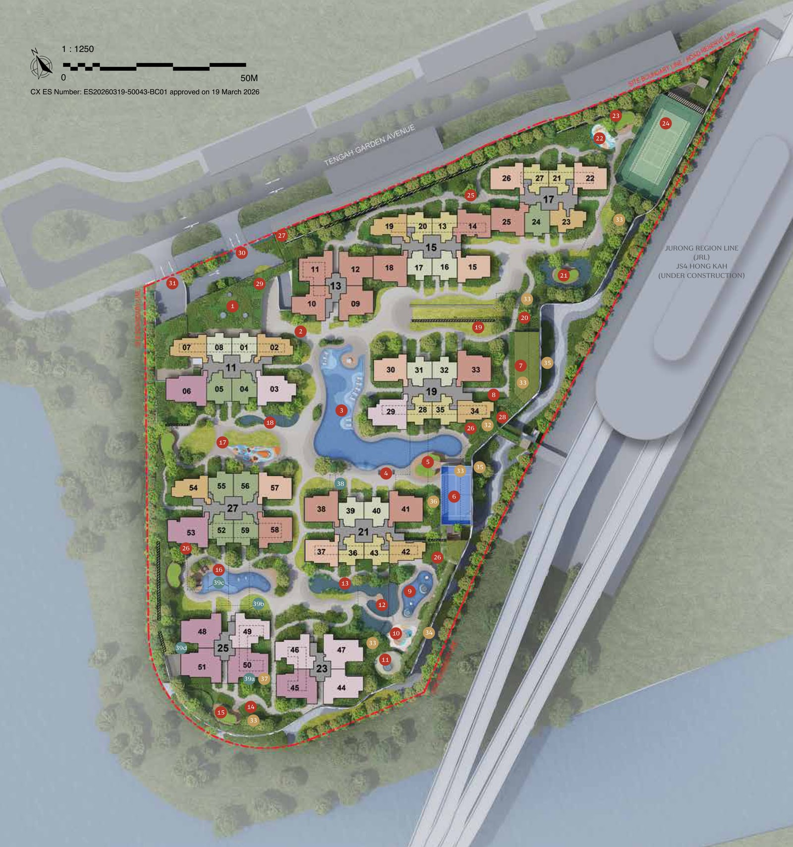 Site plan of Tengah Garden Residences with numbered facilities and the Jurong Region Line beside it