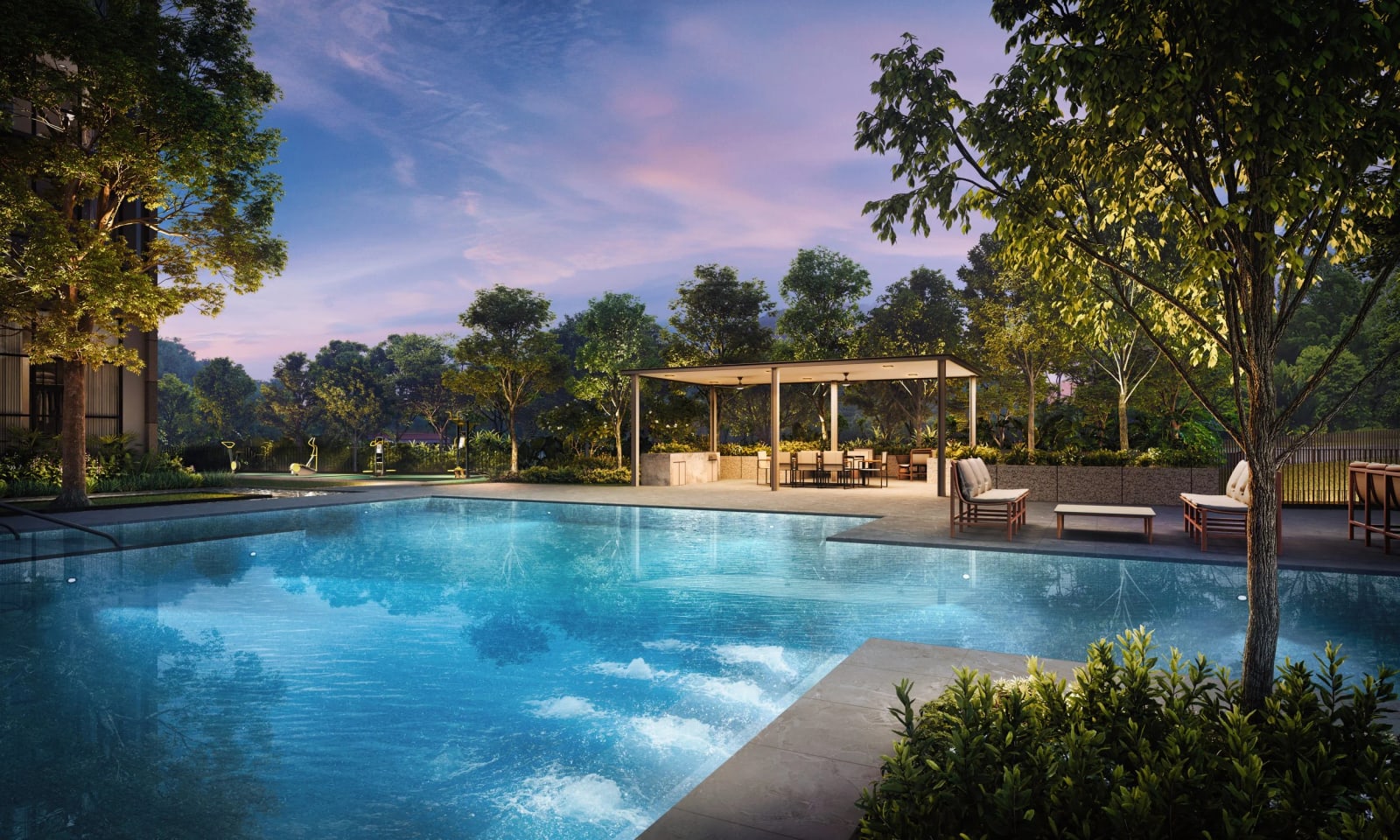 Artist's impression of a BBQ pavilion beside a large pool at dusk