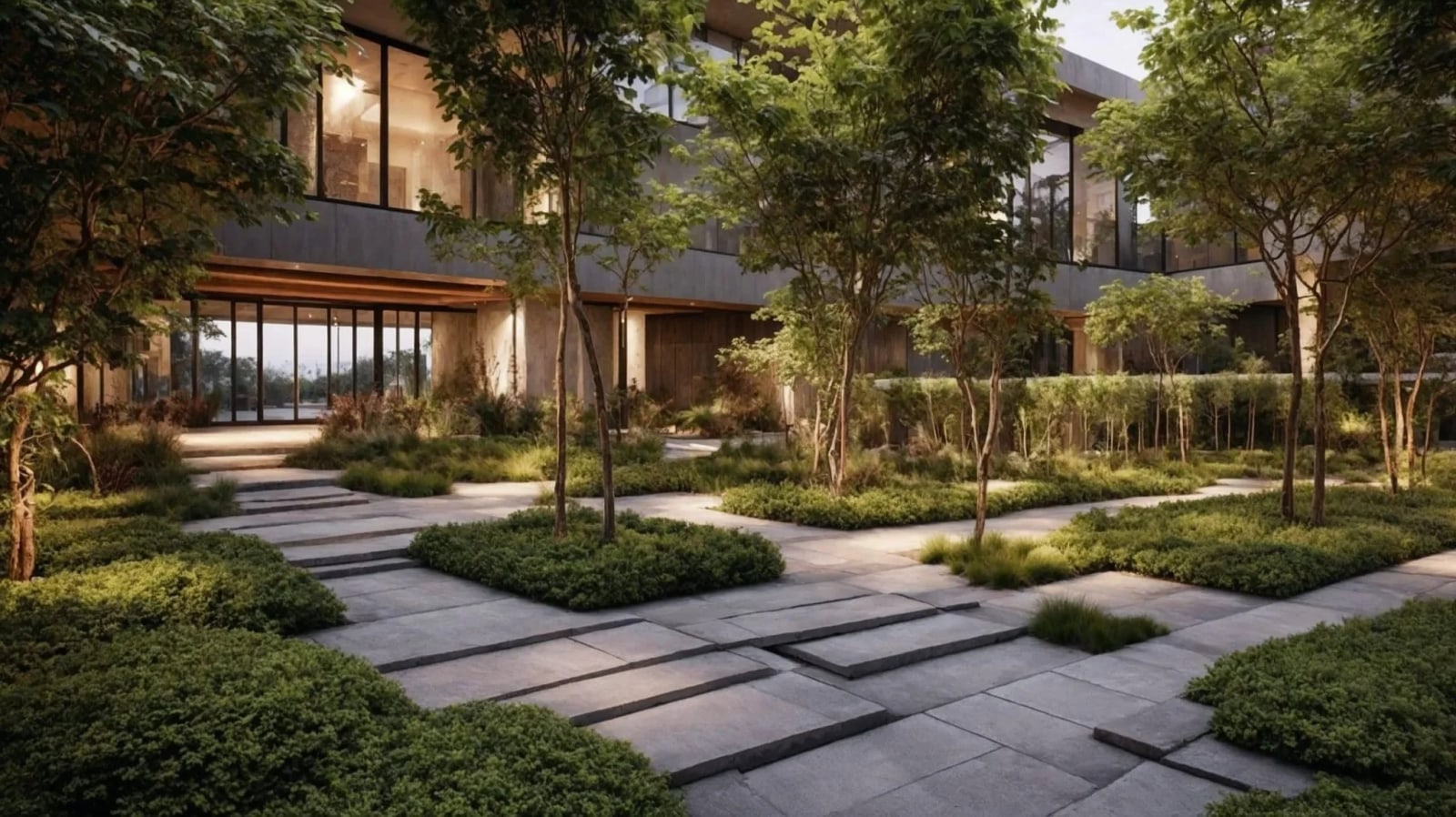 Artist's impression of a landscaped garden with stepping-stone paths in front of a glass-fronted building