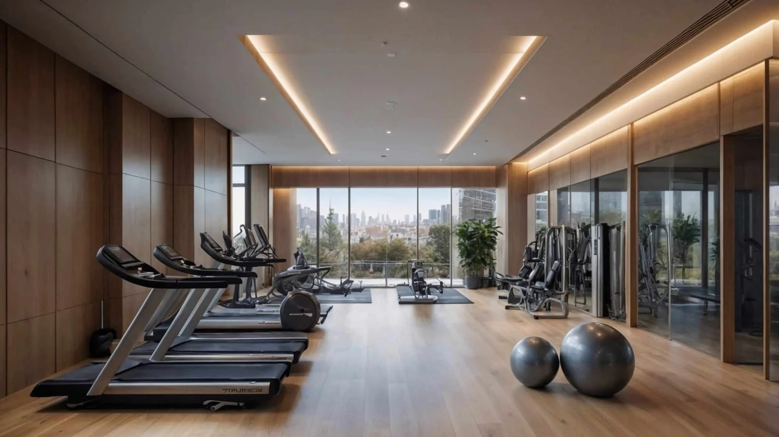 Artist's impression of a gym with treadmills and weight machines facing a city view