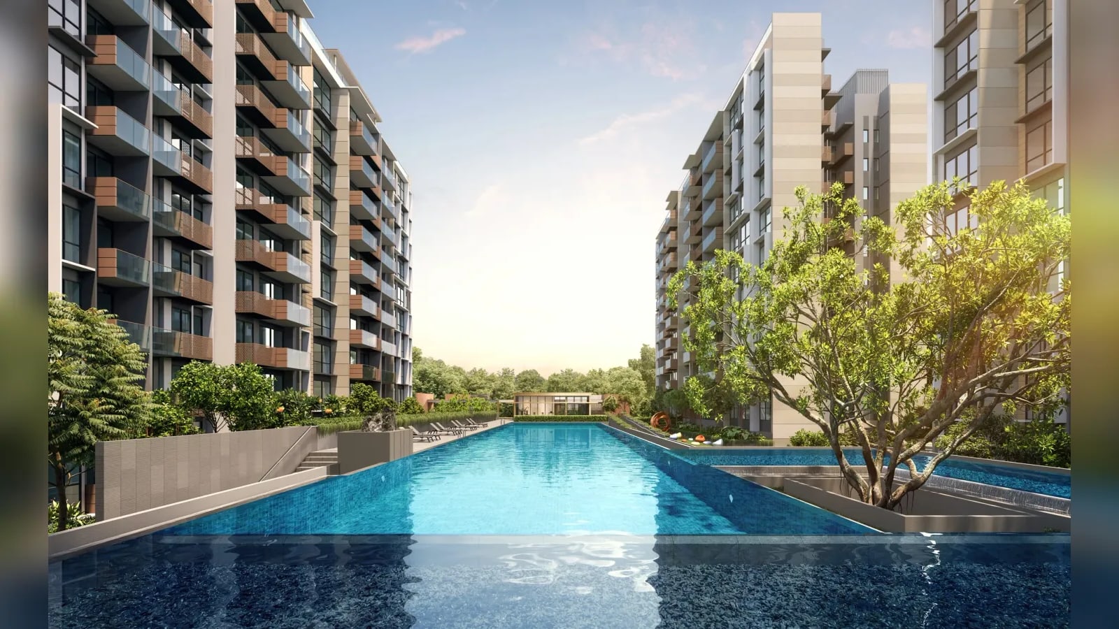 Artist's impression of the 50-metre lap pool running between two residential blocks of The Sen, with a clubhouse at the far end