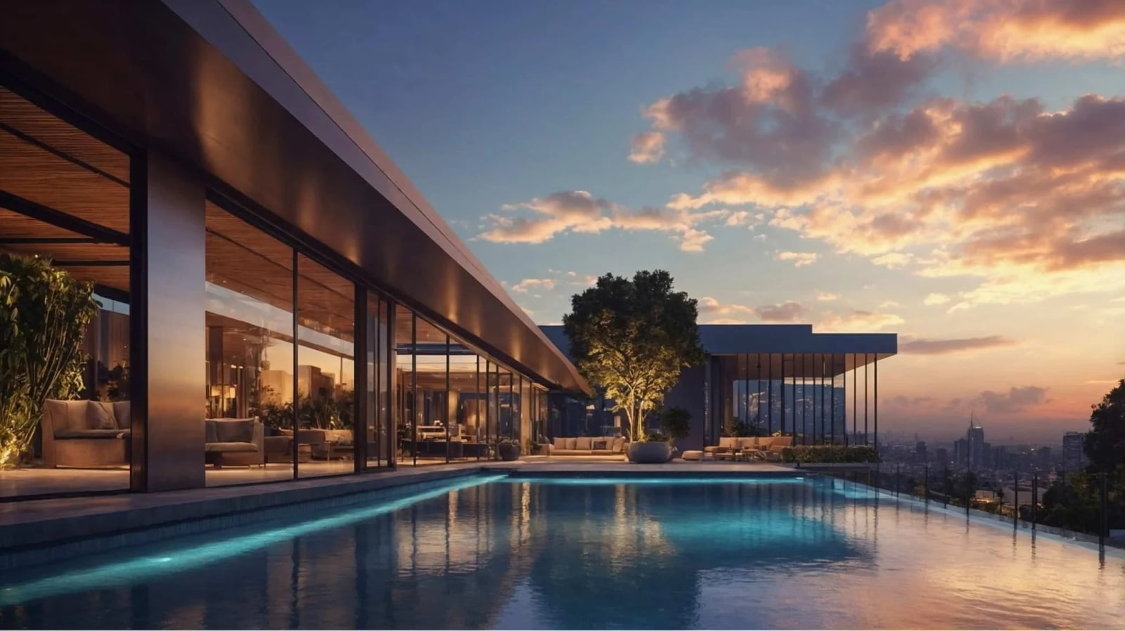 Artist's impression of an infinity-edge pool beside a glass-fronted pavilion at dusk, with the city skyline behind