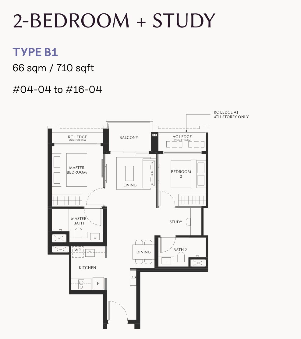 Floor plan of the 2-bedroom with study, type B1, 710 square feet