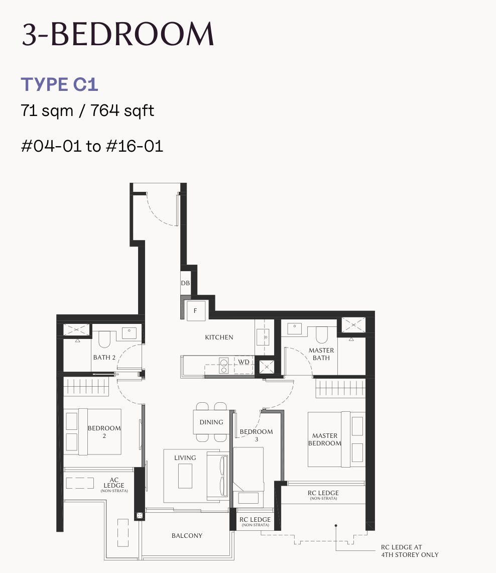 Floor plan of the 3-bedroom, type C1, 764 square feet