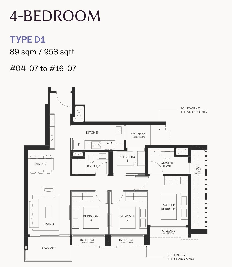 Floor plan of the 4-bedroom, type D1, 958 square feet