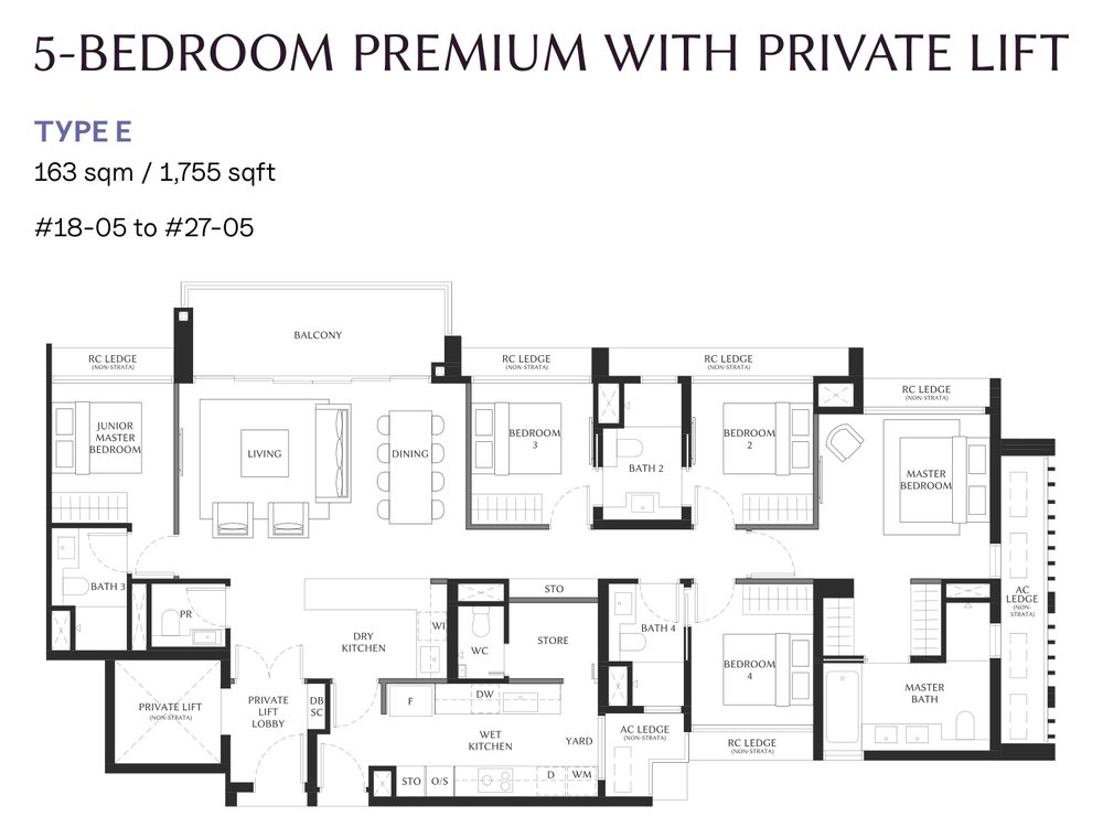 Floor plan of the 5-bedroom premium with private lift, type E, 1,755 square feet