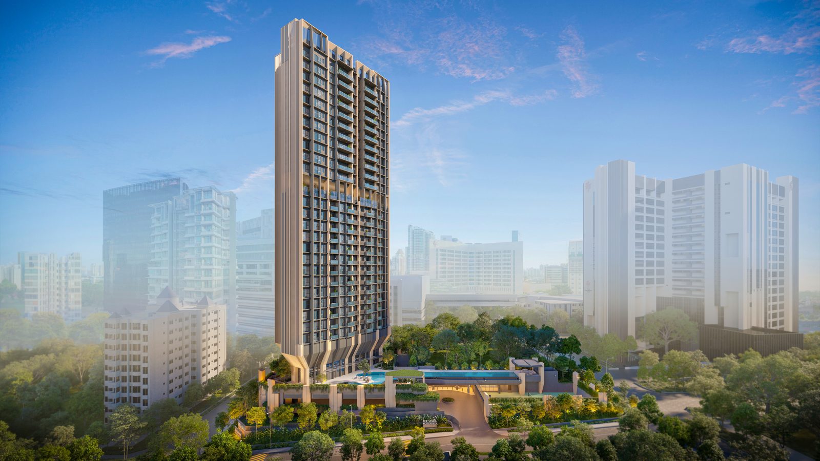 Artist's impression of the whole development: The Serra Residences tower above its landscaped podium and lap pool, Novena