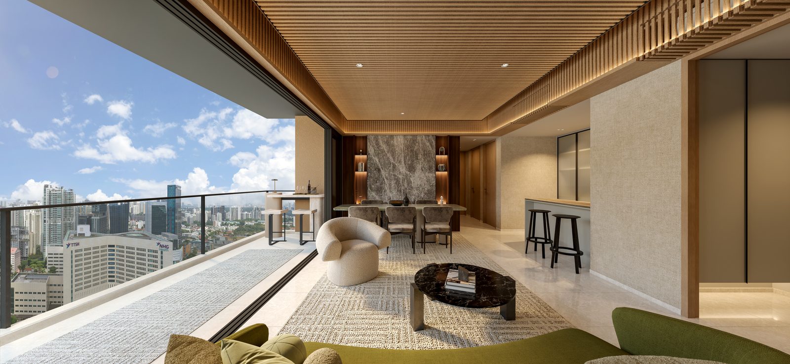 Artist's impression of the living and dining area of the 4-bedroom premium home, type D4, opening onto a balcony