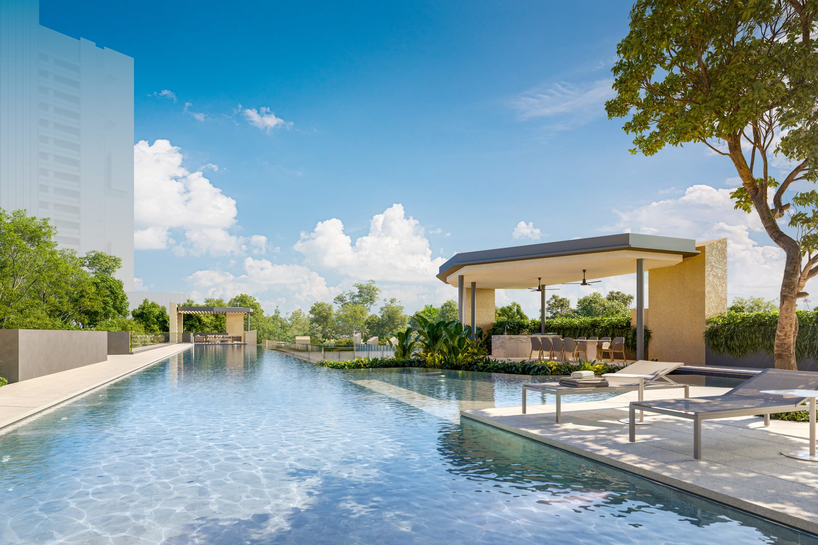 Artist's impression of the 50-metre cantilevered pool on level 3 with the BBQ pavilion beyond