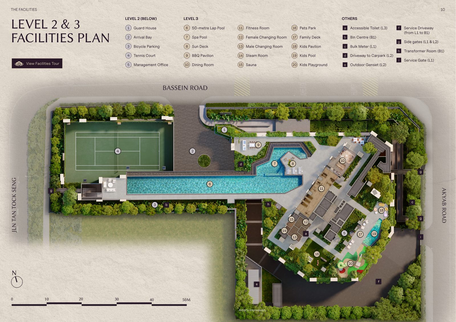 Site plan of levels 2 and 3 of The Serra Residences with a numbered facilities legend