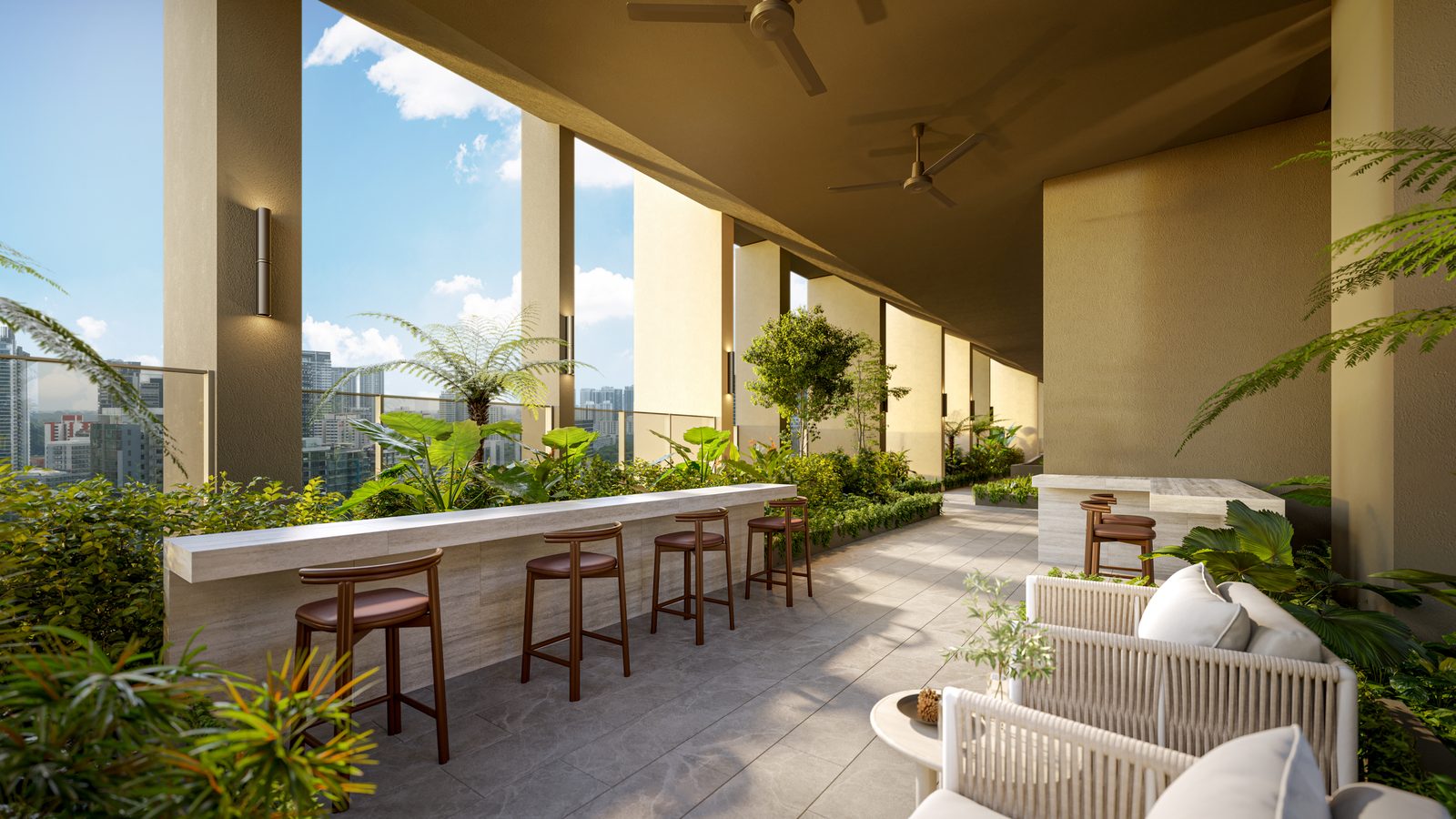 Artist's impression of the social lounge on level 17 with a bar counter and city views