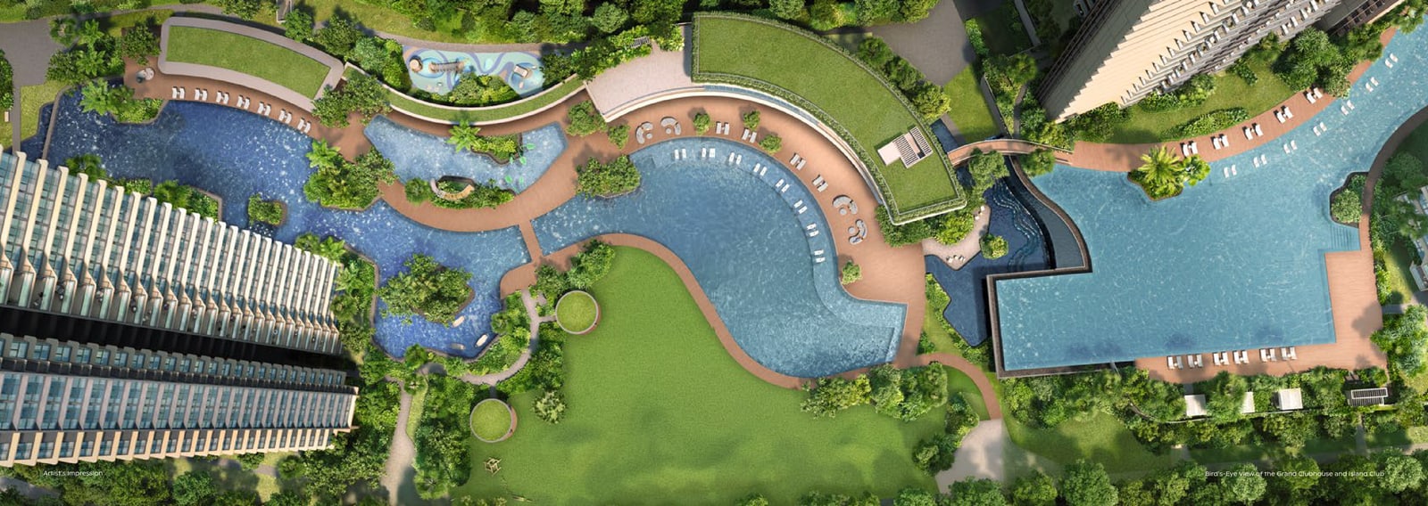 Artist's impression, bird's-eye view of the Grand Clubhouse and Island Club pools, lawn and terraces between two towers