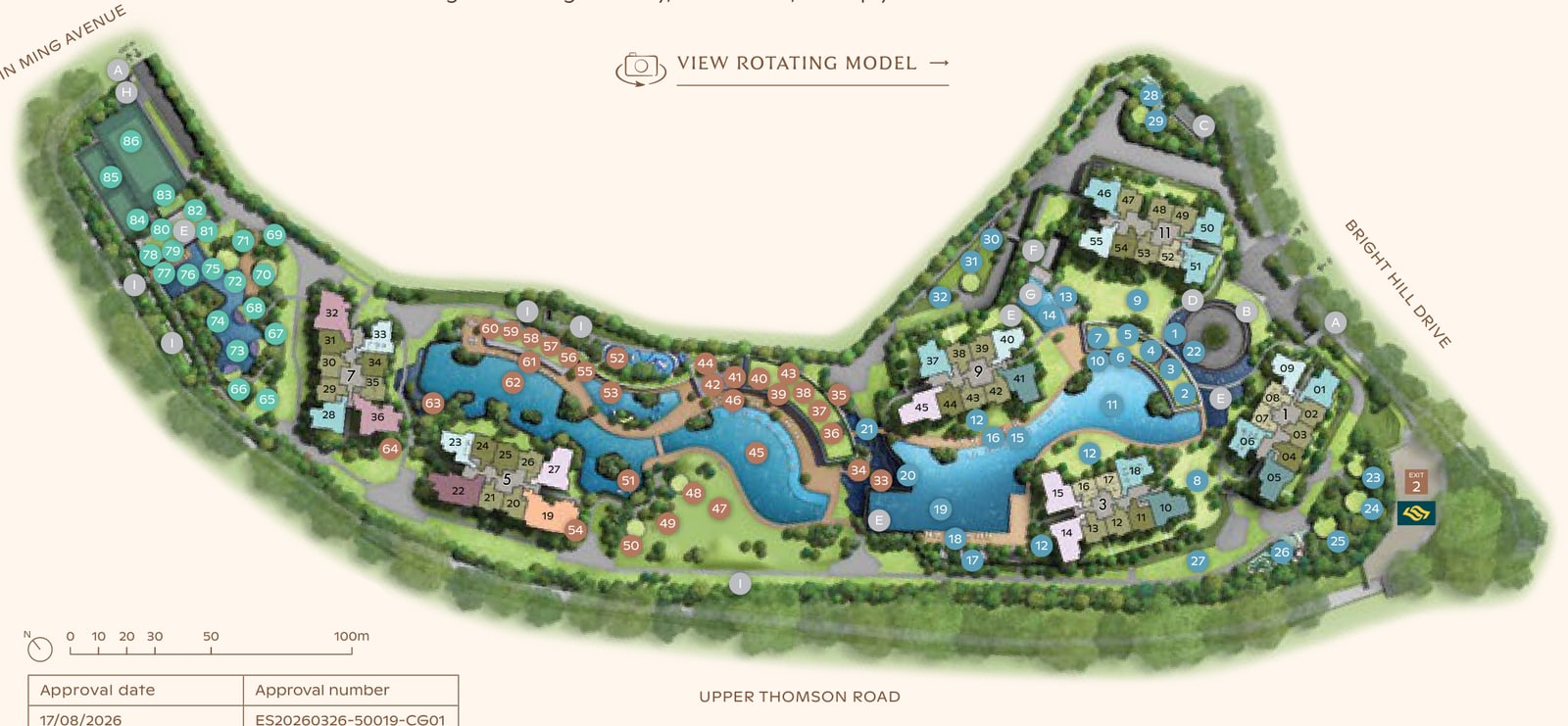 Facilities plan of Thomson Reserve showing the long curved site, the three clubhouses and the numbered pools and gardens