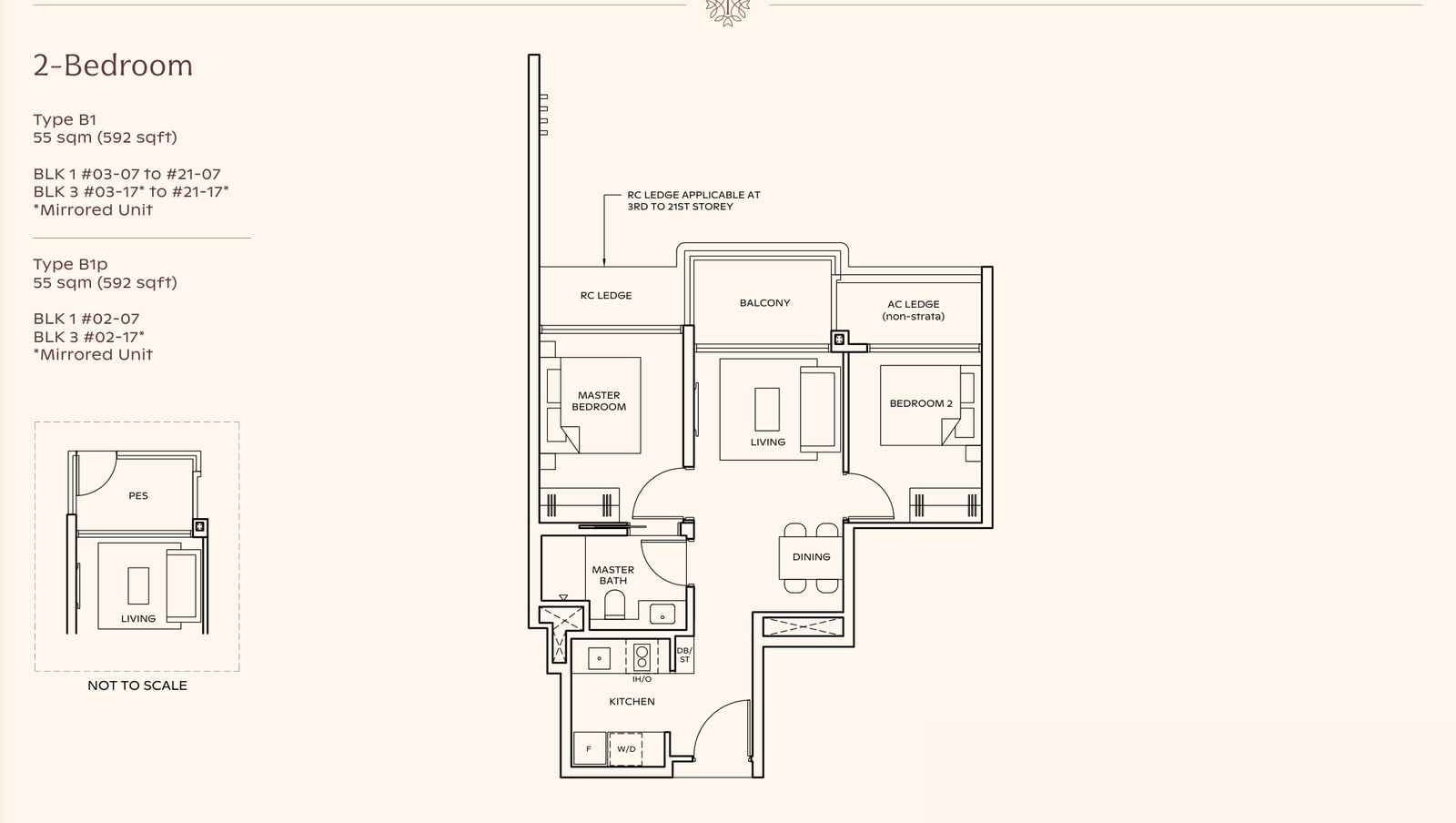 Floor plan of the 2-bedroom, type B1, 592 square feet