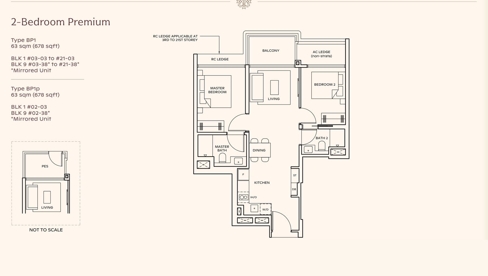 Floor plan of the 2-bedroom premium, type BP1, 678 square feet