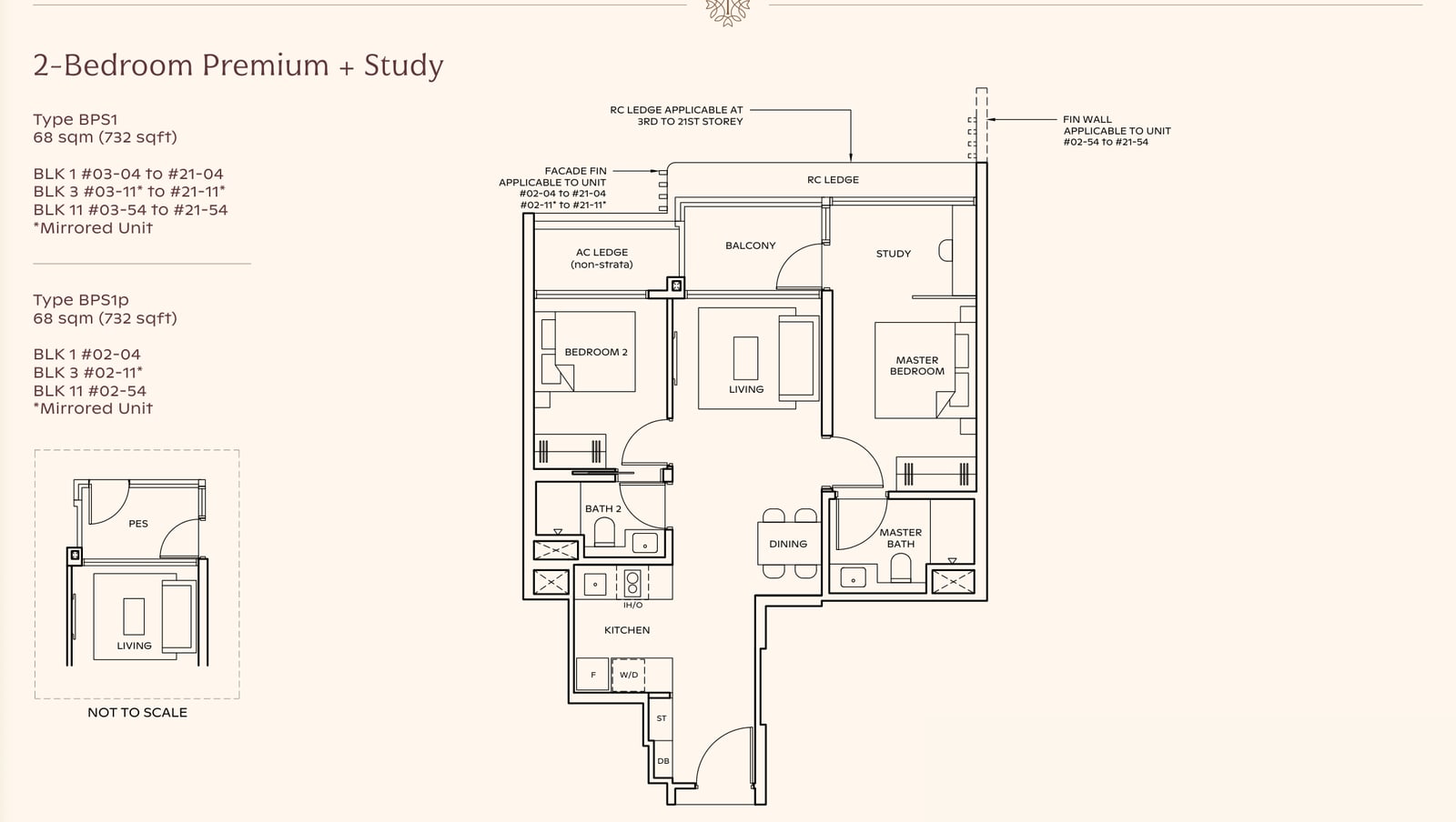 Floor plan of the 2-bedroom premium with study, type BPS1, 732 square feet