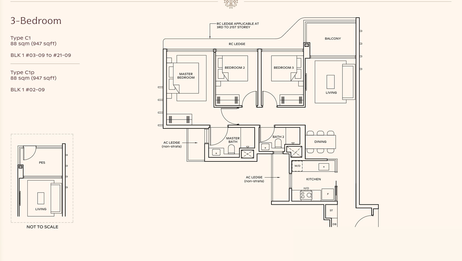 Floor plan of the 3-bedroom, type C1, 947 square feet