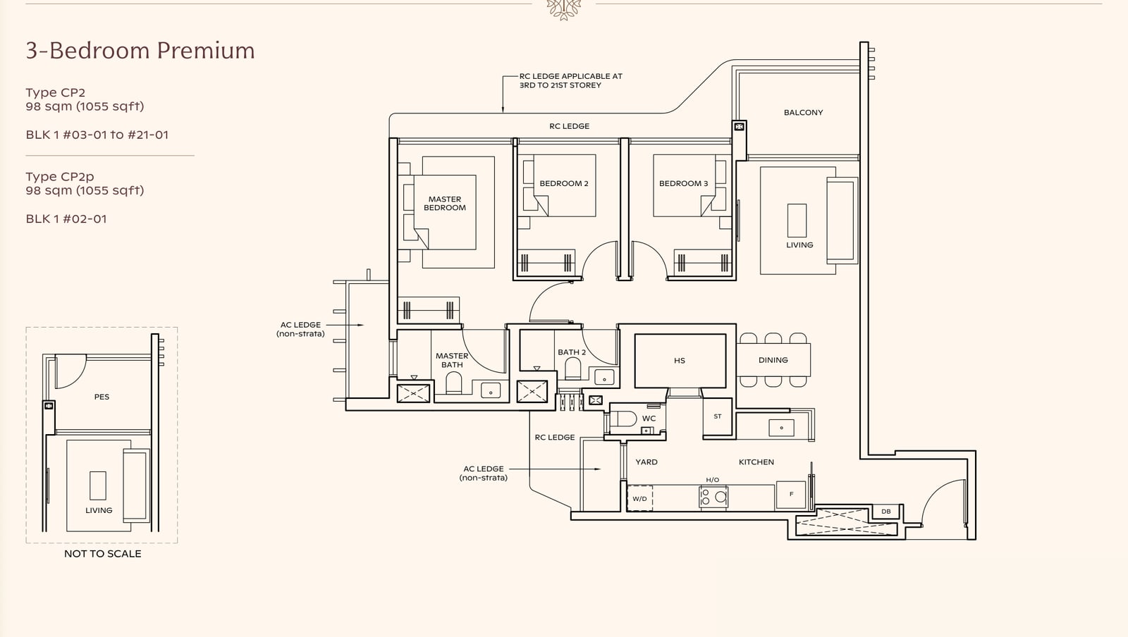 Floor plan of the 3-bedroom premium, type CP2, 1,055 square feet