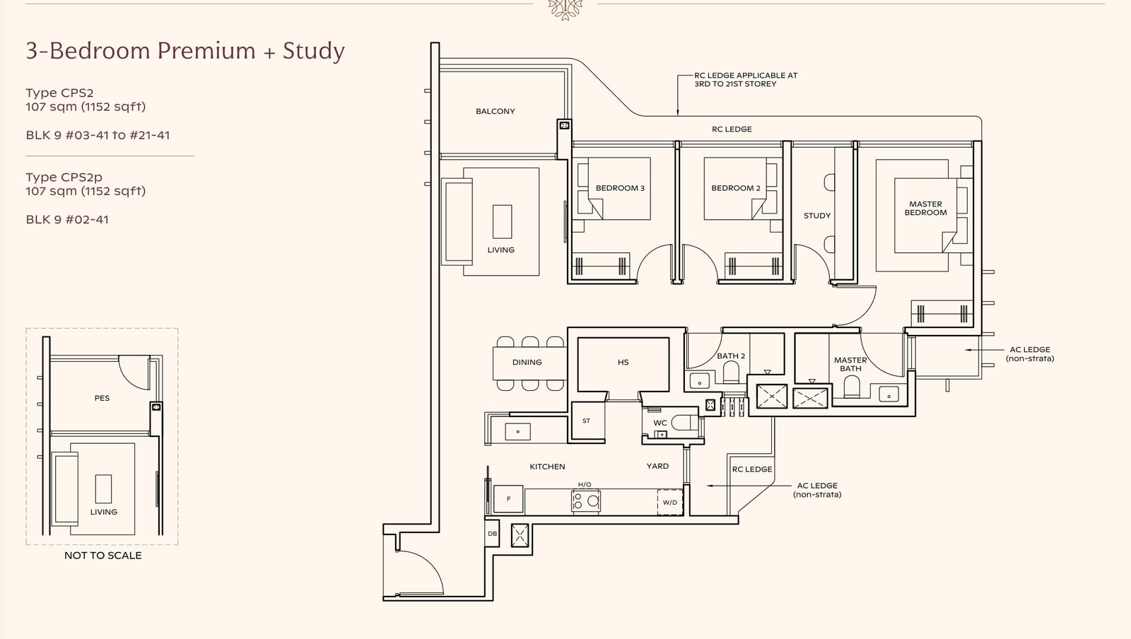 Floor plan of the 3-bedroom premium with study, type CPS2, 1,152 square feet