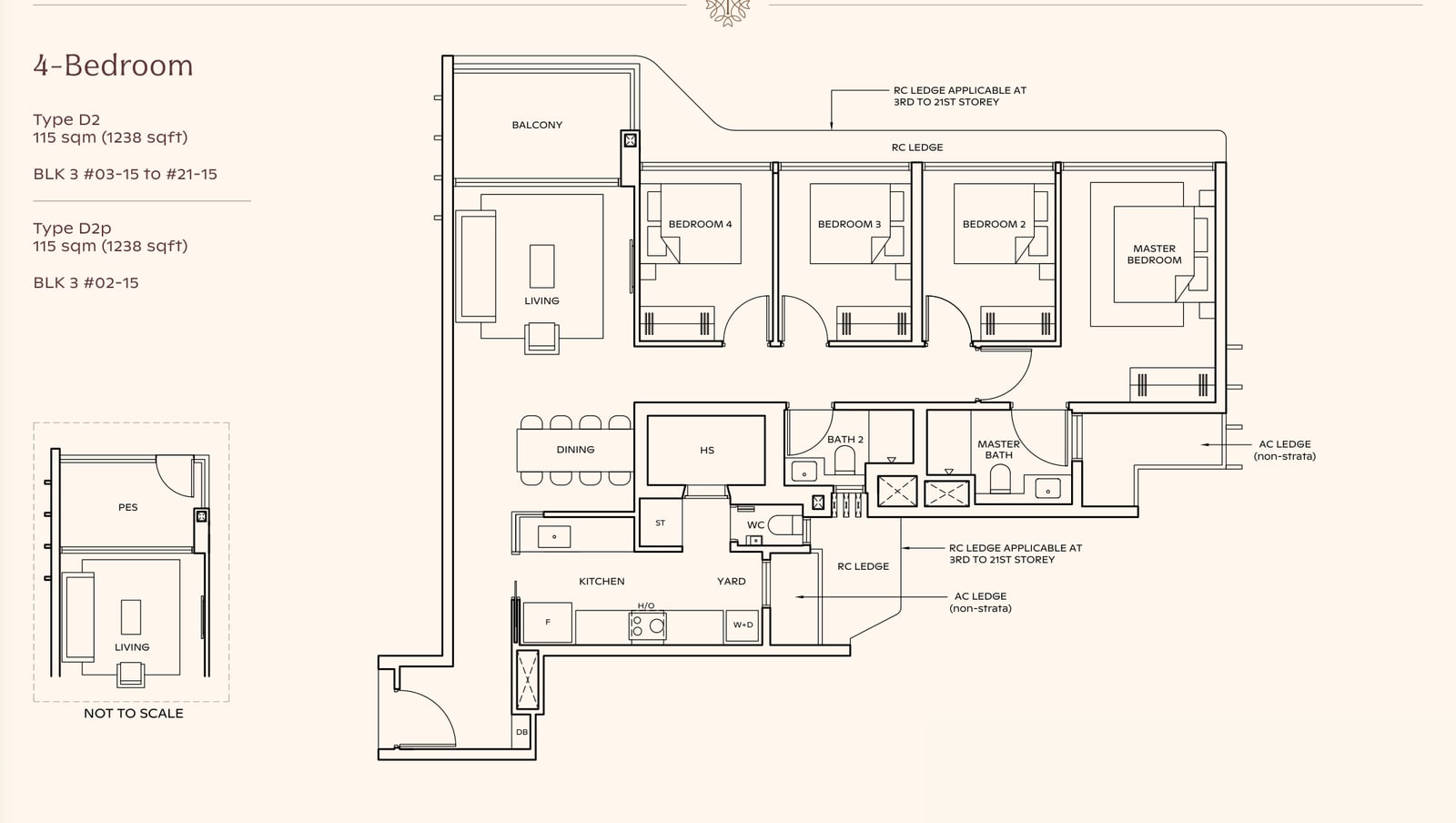 Floor plan of the 4-bedroom, type D2, 1,238 square feet