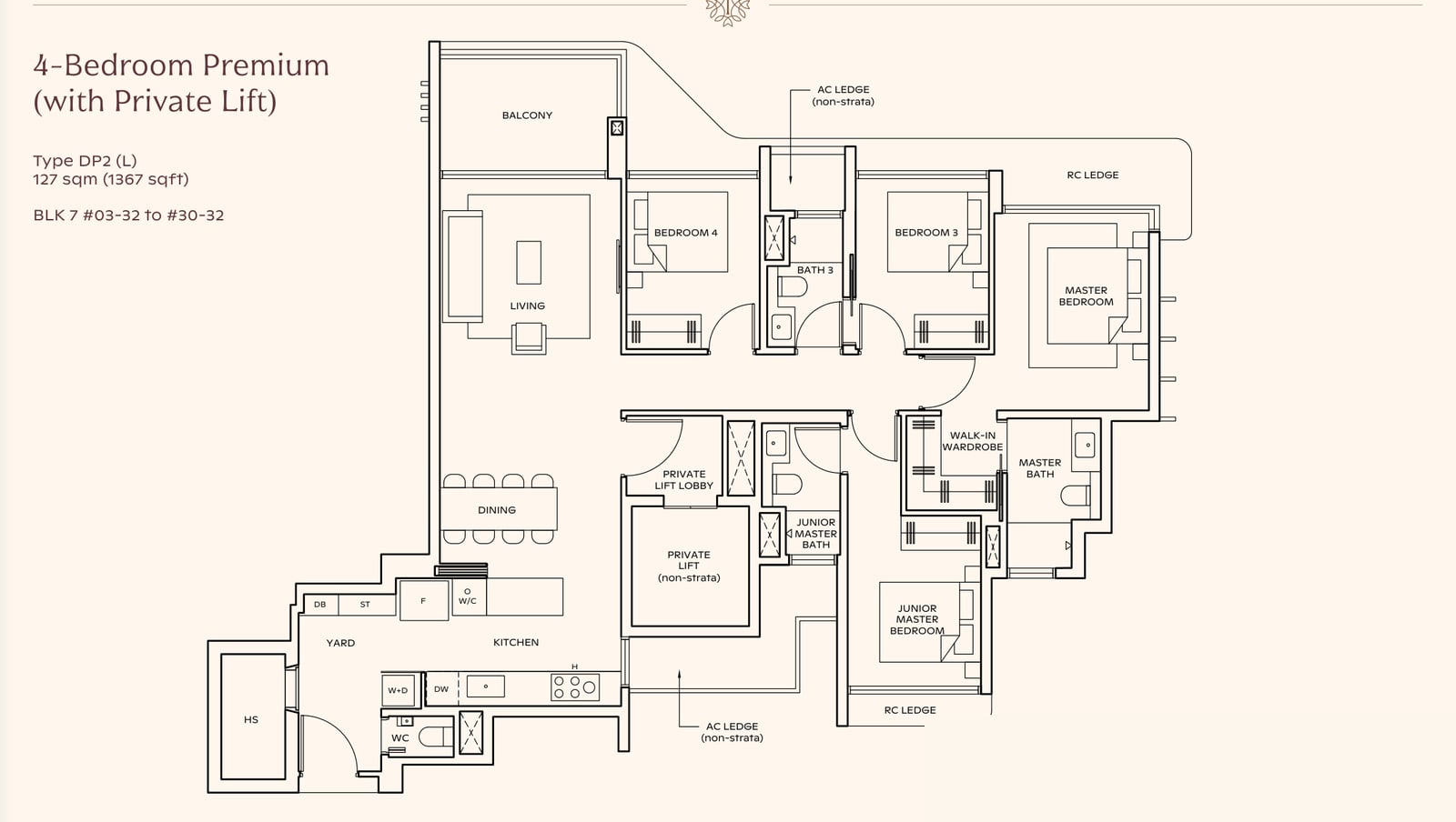 Floor plan of the 4-bedroom premium with private lift, type DP2, 1,367 square feet
