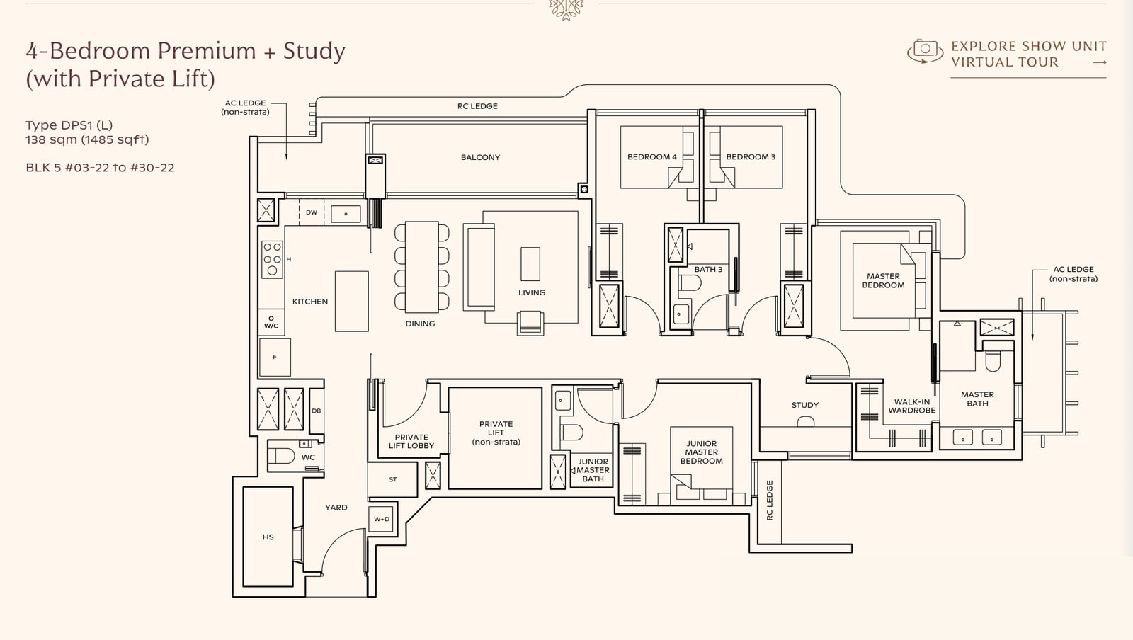 Floor plan of the 4-bedroom premium with study and private lift, type DPS1, 1,485 square feet