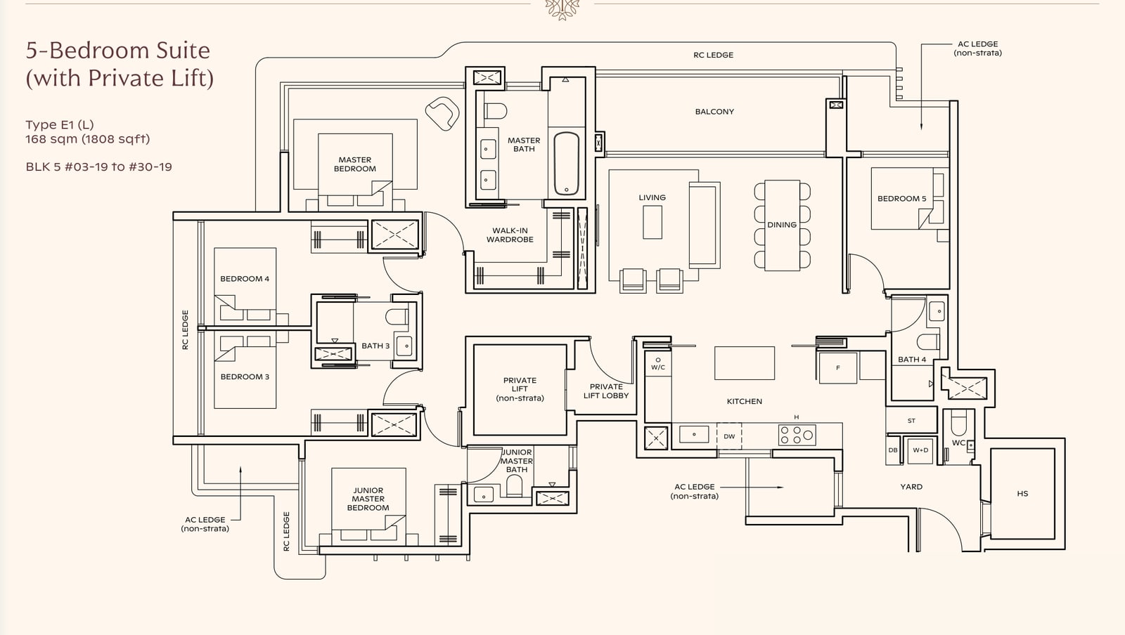 Floor plan of the 5-bedroom suite with private lift, type E1, 1,808 square feet, the largest home