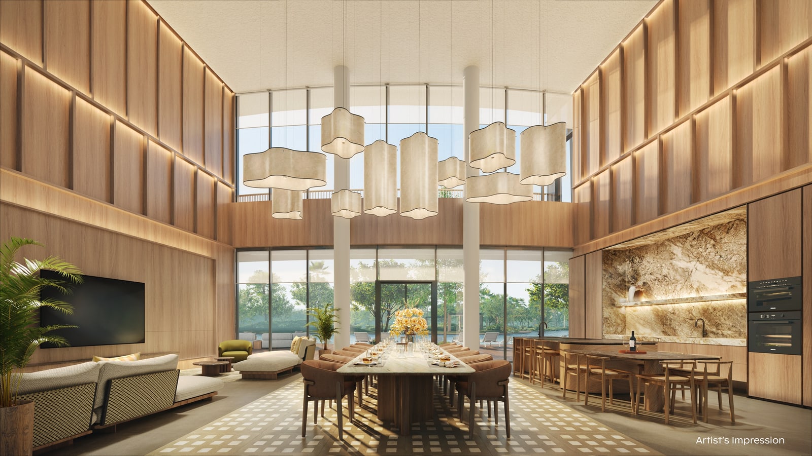 Artist's impression of the double-height Grand Function Room with a long dining table, a kitchen counter and a lounge