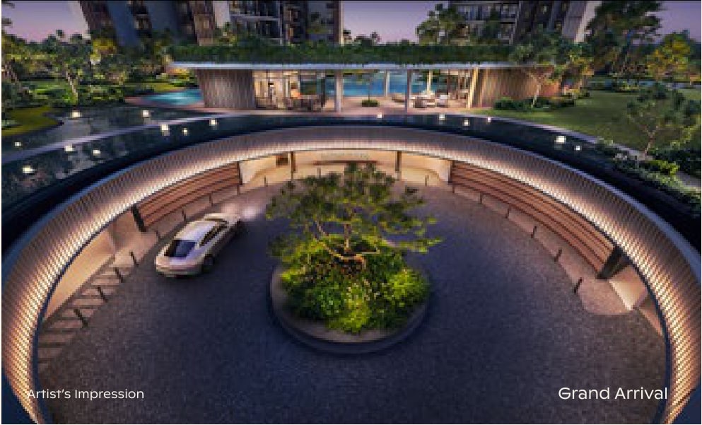 Artist's impression of the circular Grand Arrival drop-off with a tree at its centre, seen from above