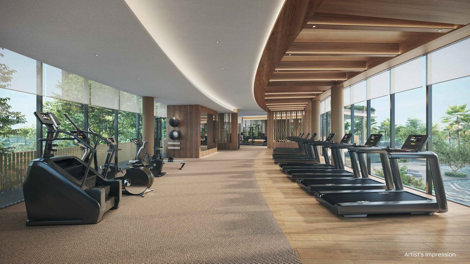 Artist's impression of the main gym with a row of treadmills along floor-to-ceiling windows