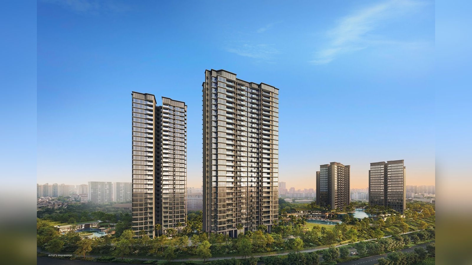 Artist's impression of Thomson Reserve: four of the six towers rise above landscaped grounds and a pool