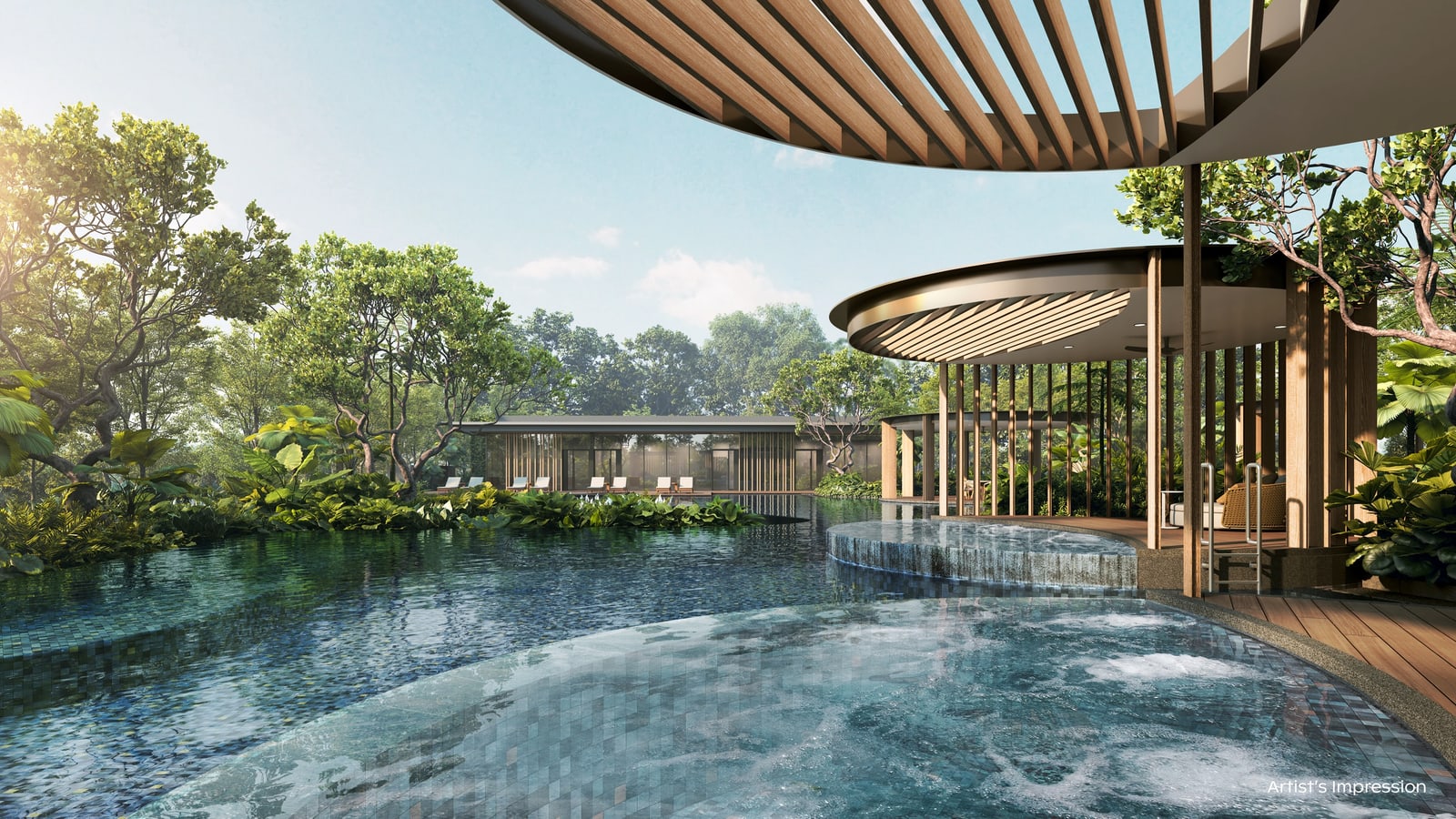 Artist's impression of the hydro spa pool with jets and a pavilion under a round timber canopy