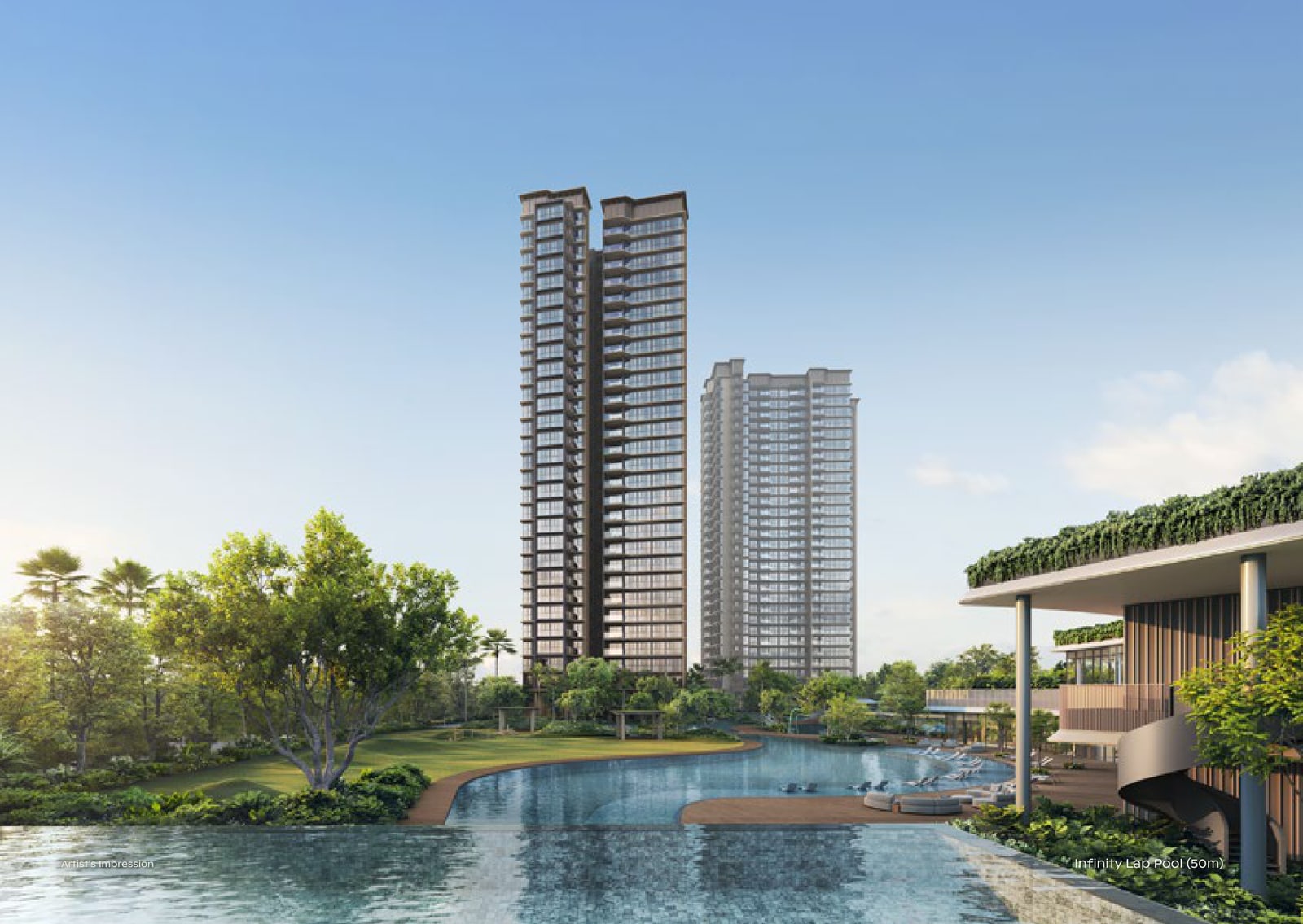 Artist's impression of the 50-metre infinity lap pool at the Island Club with two towers behind