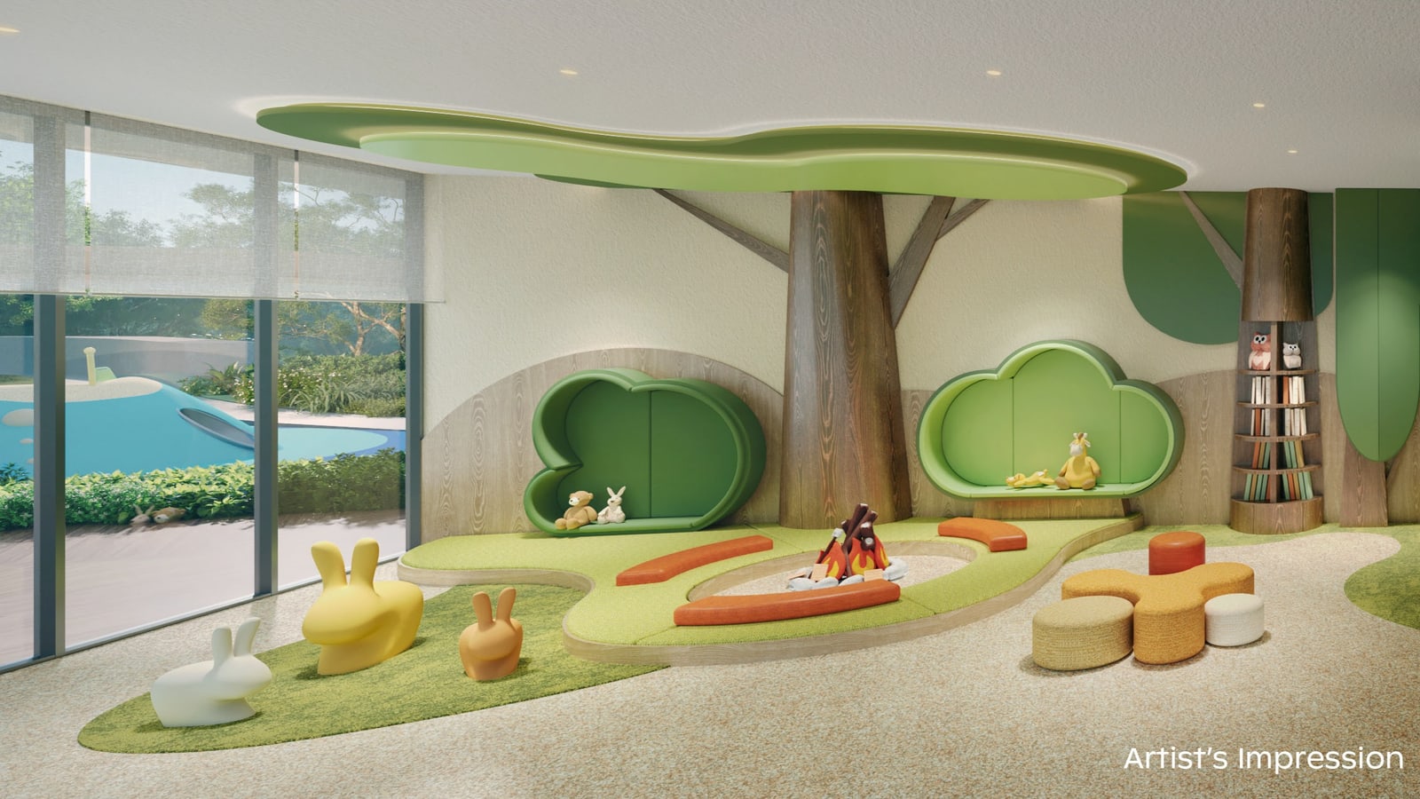 Artist's impression of the Little Explorer Nook, a kids' play room with a tree feature and rabbit seats