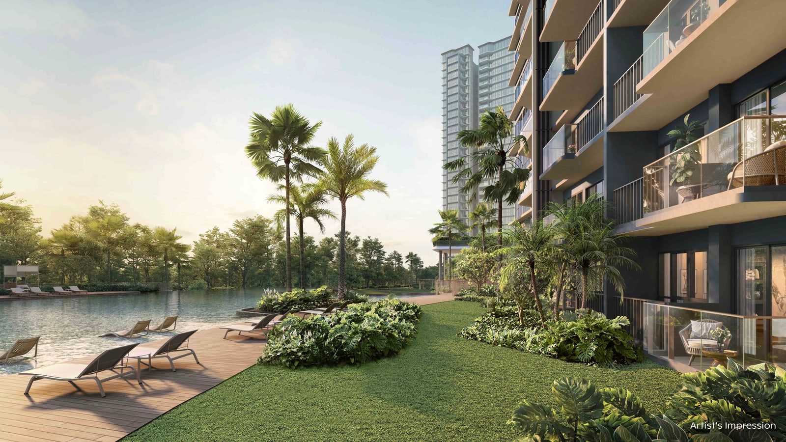 Artist's impression of the view from a ground-level home's private enclosed space across lawn and a pool