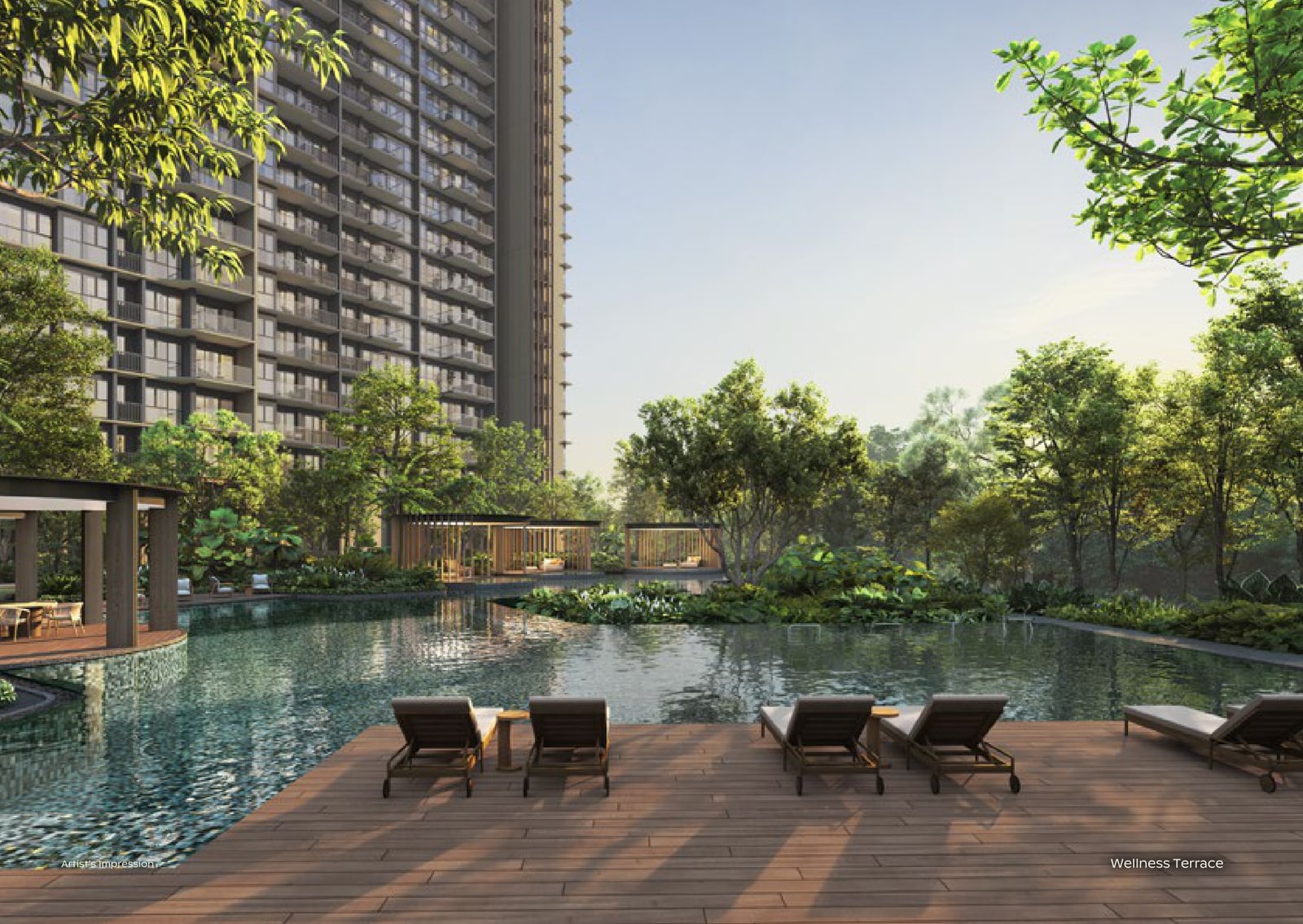 Artist's impression of the Wellness Terrace, a timber deck with sun loungers beside a pool