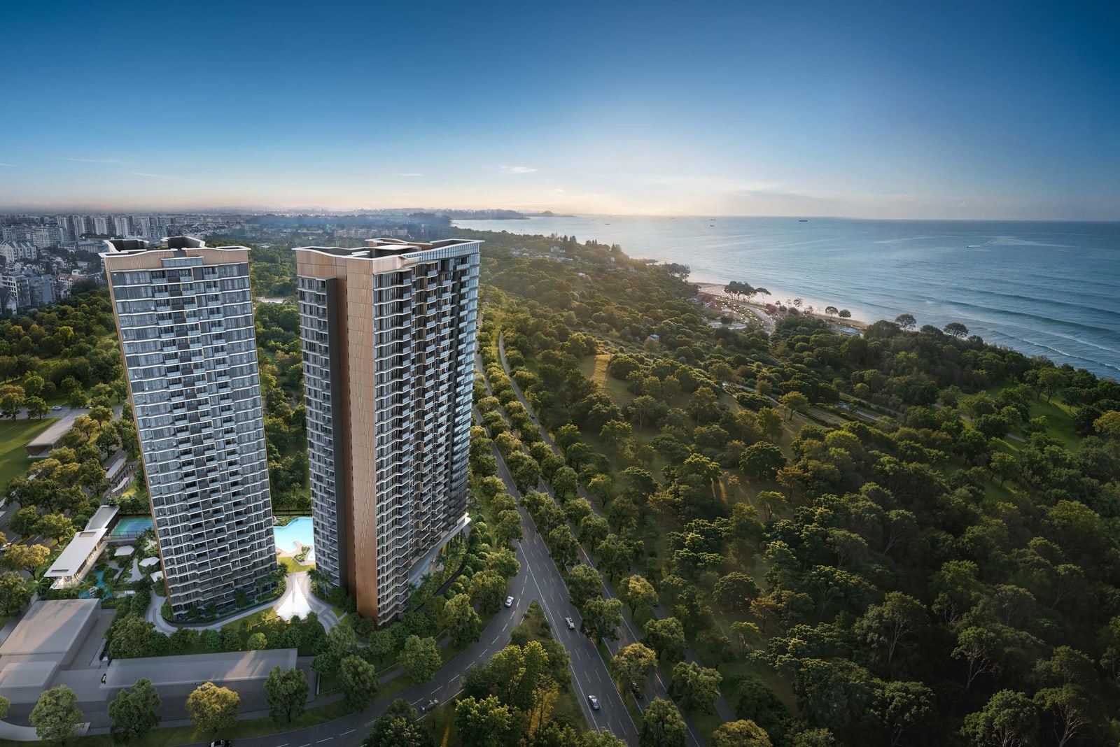 Artist's impression from above of the two Vela Bay towers on the seafront, with the sea beyond