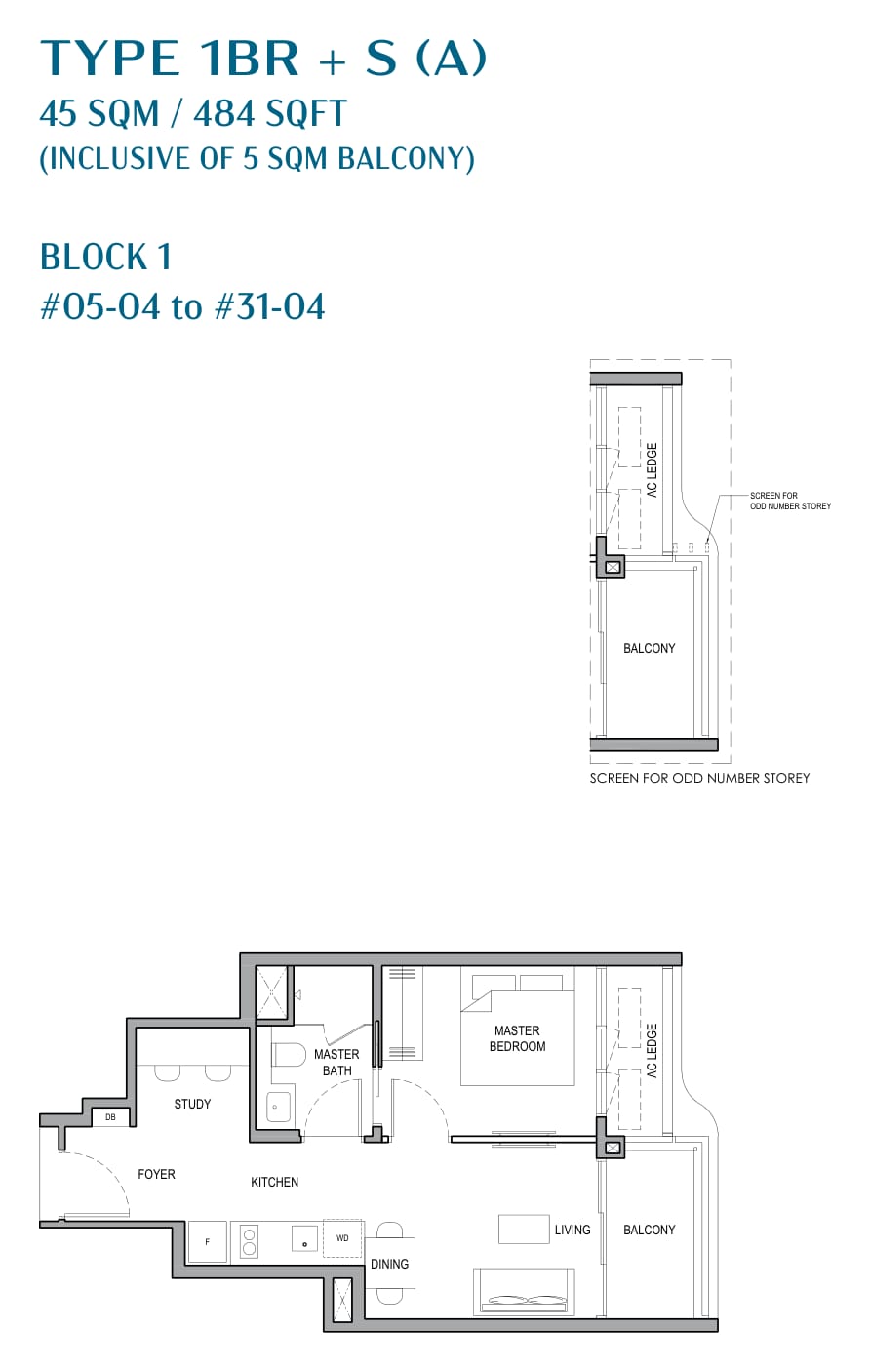 Floor plan of the 1-bedroom with study, type 1BR + S (A), 484 square feet